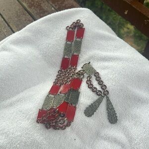Metal and Bakelite red silver colored vintage long lavaliere necklace